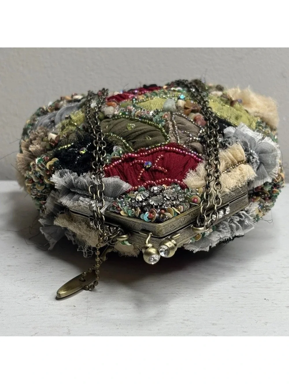 Mary Frances Mixed Media Beaded Patchwork Hobo Purse with Adjustable Strap